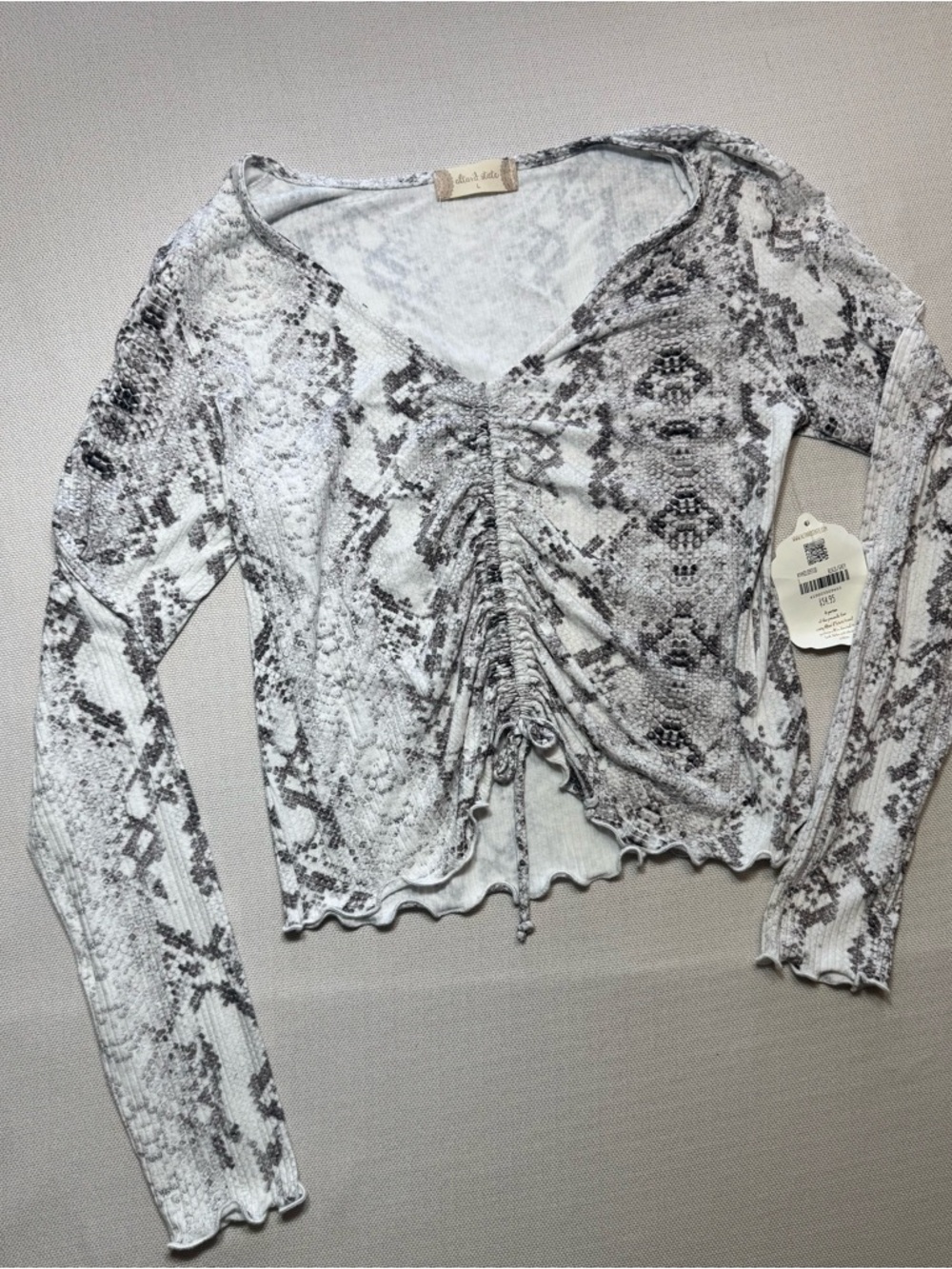 Altar'd State White and Gray Snake Print Ruched V-Neck Long Sleeve Top